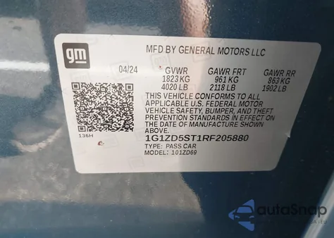 2024 Chevrolet Malibu Fwd 1Lt из США, поврежденный, VIN 1G1ZD5ST1RF205880